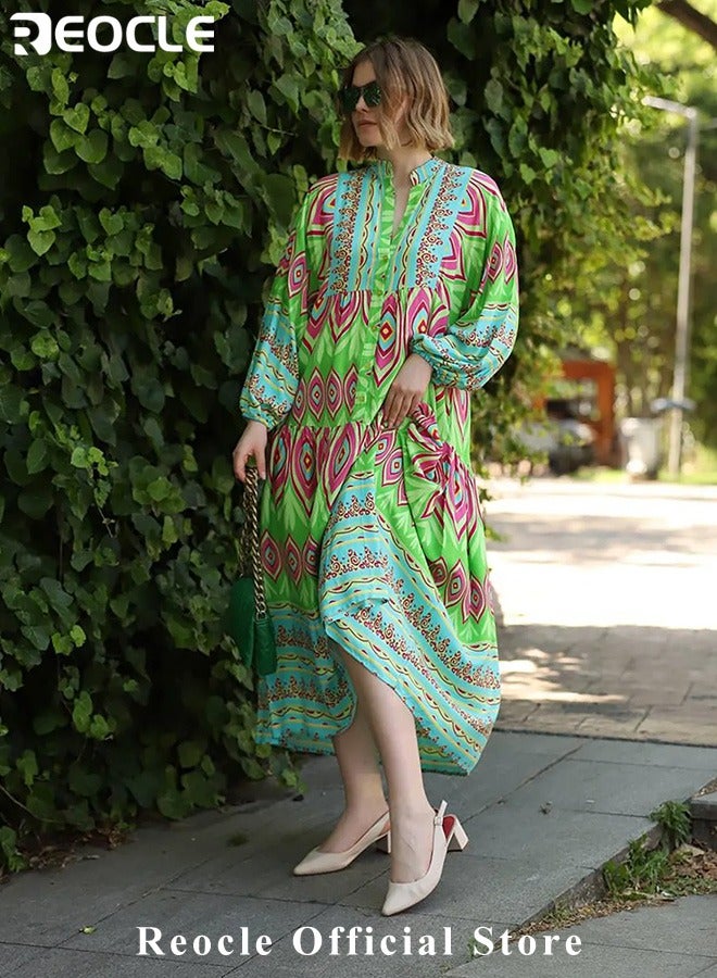 ريوكل فستان نسائي كاجوال بأكمام طويلة وطبعة مخططة متعددة الألوان مع حاشية مريحة وتصميم رقبة على شكل حرف V، فستان صيفي ضيق - Image 3