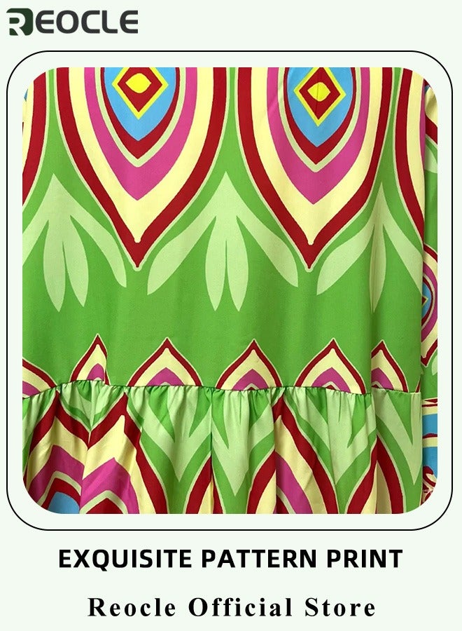 ريوكل فستان نسائي كاجوال بأكمام طويلة وطبعة مخططة متعددة الألوان مع حاشية مريحة وتصميم رقبة على شكل حرف V، فستان صيفي ضيق - Image 5