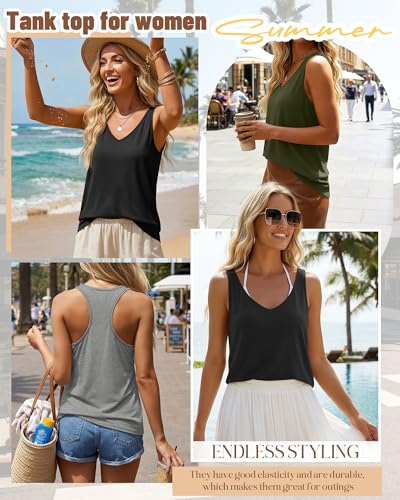 Huukeay 3 Pack Womens Tank Tops V Neck Racerback Tops Loose Fit Summer Casual Sleeveless Tee Workout Yoga Athletic ShirtsBlack Gray GreenLarge - Image 3