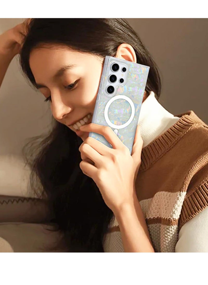 Magnetic Case for Samsung Galaxy S24 Ultra 5G, Sparkle Bling Pearl Colorful Shell Design Compatible with MagSafe, Shockproof Protective Phone Cover, Non-Yellowing Hard Clear PC Back