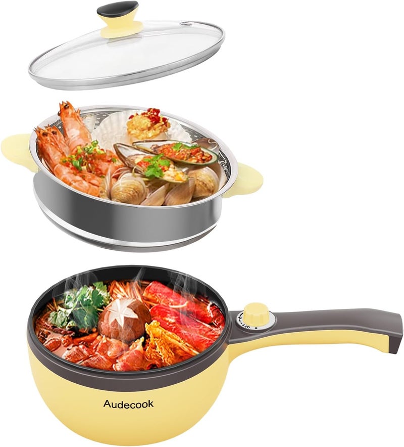 Audecook Hot Pot Electric,Mini Electric Skillet Portable Nonstick Sauté Pan with Power Adjustment, Rapid Ramen Cooker Travel Multicooker Electric Pot for Steak/Soup (B(yellow/1.5L with steamer)) - Image 1