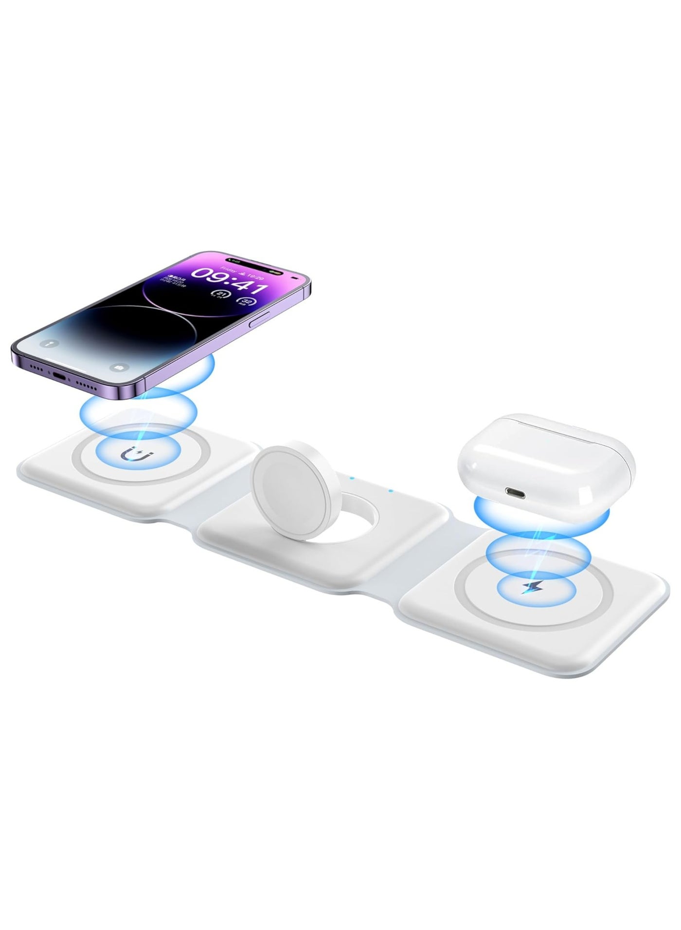 3-in-1 Foldable Wireless Charger – 15W Fast Magnetic Charging Station for iPhone 16/15/14/13/12/11, Apple Watch 8-2 SE, AirPods 3/2/Pro & Samsung Phones | Portable Travel Charging Pad (White)