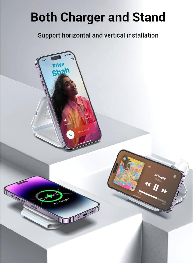 3-in-1 Foldable Wireless Charger – 15W Fast Magnetic Charging Station for iPhone 16/15/14/13/12/11, Apple Watch 8-2 SE, AirPods 3/2/Pro & Samsung Phones | Portable Travel Charging Pad (White) - Image 2