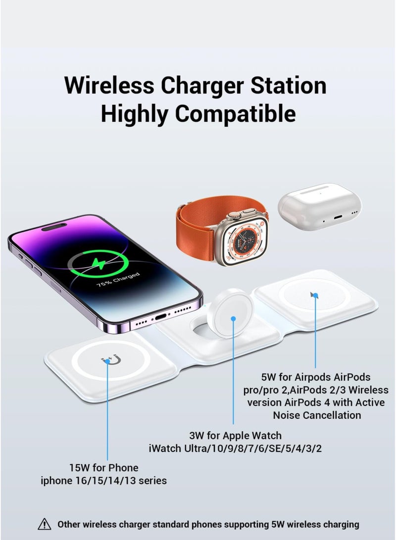 3-in-1 Foldable Wireless Charger – 15W Fast Magnetic Charging Station for iPhone 16/15/14/13/12/11, Apple Watch 8-2 SE, AirPods 3/2/Pro & Samsung Phones | Portable Travel Charging Pad (White) - Image 5