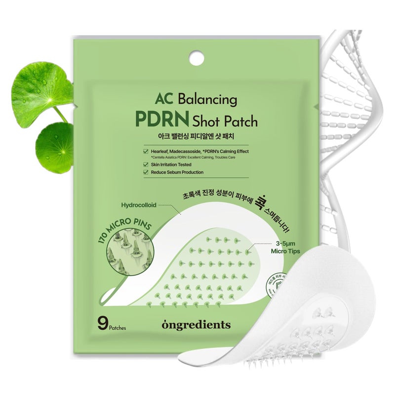 ONGREDIENTS AC Balancing PDRN Shot Patch  Acne Pimple Patch for Cover Pimples and Blemishes  Centella Asiatica Extract Panthenol Heartleaf Micro Pin Spot Patch  Vegan Korean Skin Care 9EA