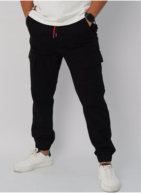 Men's Ankle Cuff Elastic Drawstring Denim Pants Slim Fit in Black