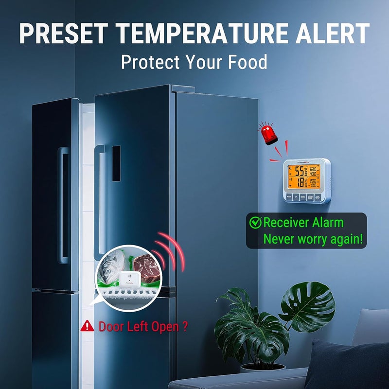 ThermoPro ترمومتر ثلاجة فريزر لاسلكي مع إنذار، نطاق 500 قدم/150 متر، دقة عالية، ترمومتر ثلاجة قابل لإعادة الشحن مع شاشة LCD مضاءة، بطارية مشمولة - Image 5