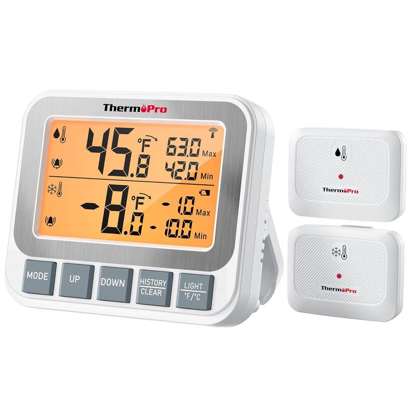ThermoPro ترمومتر ثلاجة فريزر لاسلكي مع إنذار، نطاق 500 قدم/150 متر، دقة عالية، ترمومتر ثلاجة قابل لإعادة الشحن مع شاشة LCD مضاءة، بطارية مشمولة - Image 1