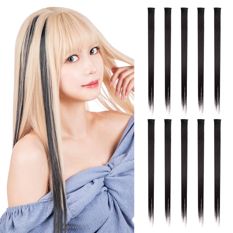 CLASSE 10Pcs Clip in colored hair extensions 22inches colorful Party Highlights Heatresistant Straight long for Women Kids Girls Perfect for Halloween Christmas Cosplay Black