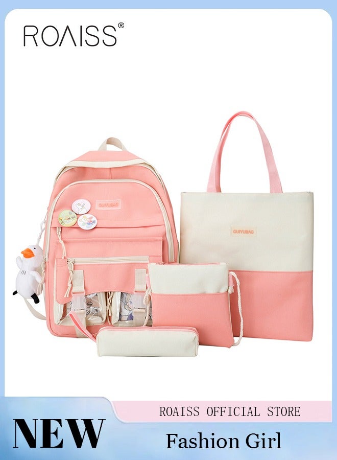 roaiss 4-Piece Set School Pink Backpack Set Large Capacity Backpack Preppy Shoulder Totes Simple Ins Style for  Primary School Student Junior High School  College Student Backpack - Image 2