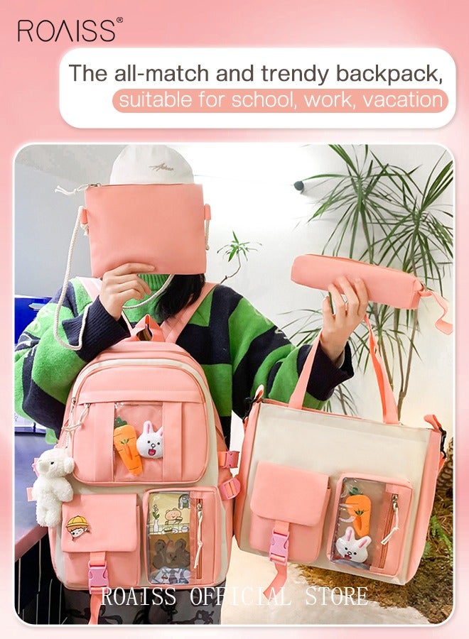 roaiss 4-Piece Set School Pink Backpack Set Large Capacity Backpack Preppy Shoulder Totes Simple Ins Style for  Primary School Student Junior High School  College Student Backpack - Image 3