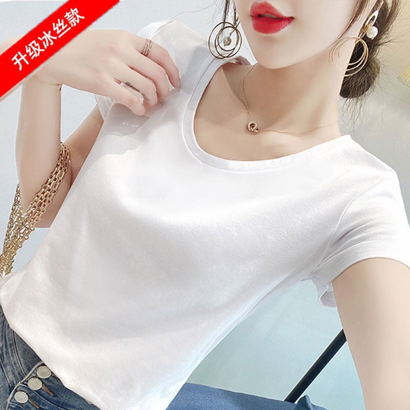 Cool V-Neck White Short-Sleeved T-Shirt for Women Pure Cotton 2025 Summer New Sweetheart Collar Right Shoulder Half-Sleeved T-Shirt for Women - Image 1
