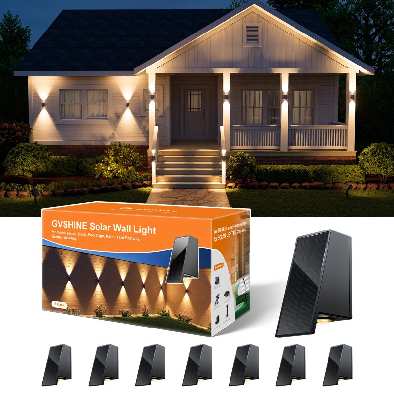 GVSHINE 8 Pack Solar Powered Fence Lights Outdoor Waterproof Wall Mount Up and Down LED Decorative Lamps for Outside Patio House Backyard Porch Deck Garden with Bright Lens Easy to Install Warm White - Image 2