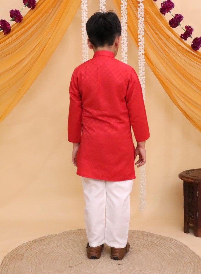 AJ DEZINES Boys Cotton Full Sleeve Red Printed Kurta Pajama Set for Kids - Ethnic wear | Special Occasion & Traditional Outfit |Boys Kurta Pyjama Set - Regular Fit (1285-RED-9) - Image 3