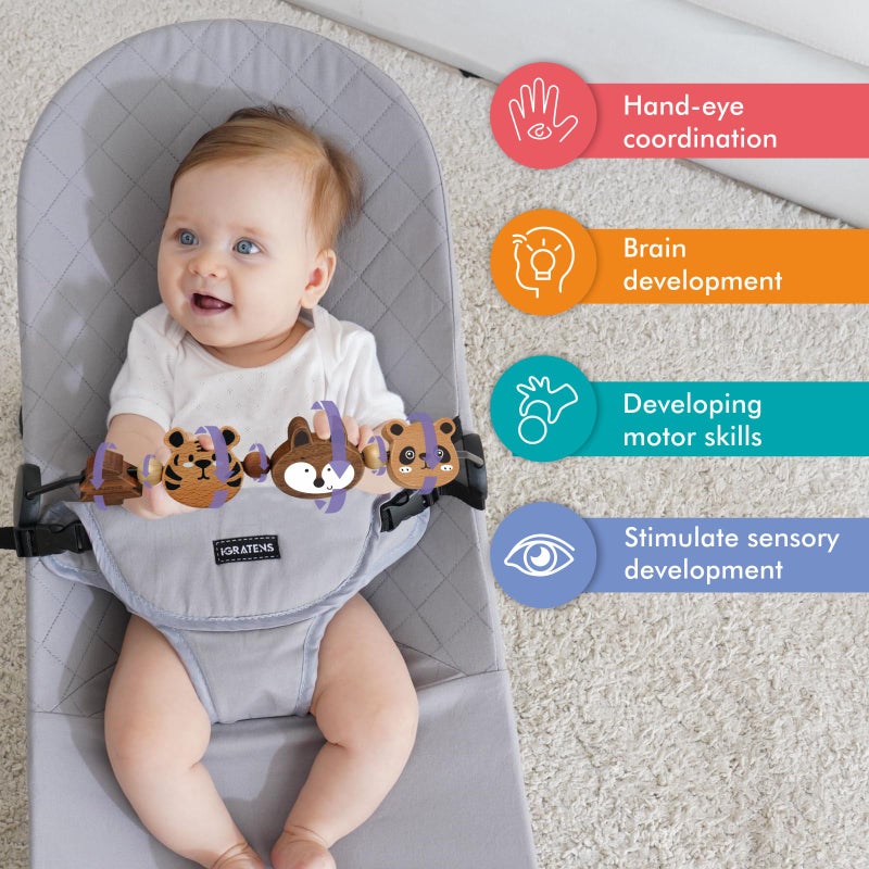 iGRATENS Baby Bjorn Bouncer Toy Bar - Toy Bar for Baby Bouncer Soft & Bliss, Easy to Attach and Remove, 360Â°Rotating Natural Wooden Toys, Exciting Design for Curious Babies, Safari Animals - Image 2
