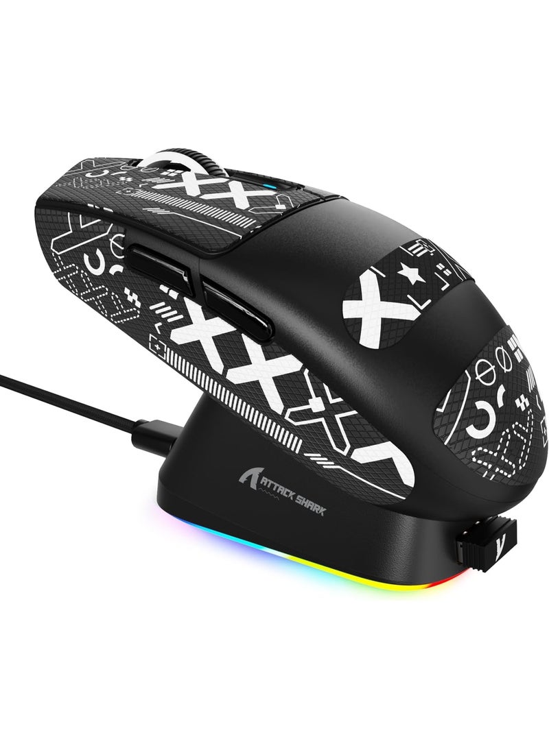 هجوم القرش ماوس ألعاب لاسلكي G3PRO مع قاعدة شحن RGB، 2.4 جيجاهرتز/USB-C سلكي/BT PAW3311 مستشعر بصري، معدل استطلاع 1K قابل للتعديل 25 ألف نقطة في البوصة، بطارية 500 مللي أمبير في الساعة، فأرة خفيفة الوزن للغاية 59 جرام (أسود وشريط لاصق) - Image 1