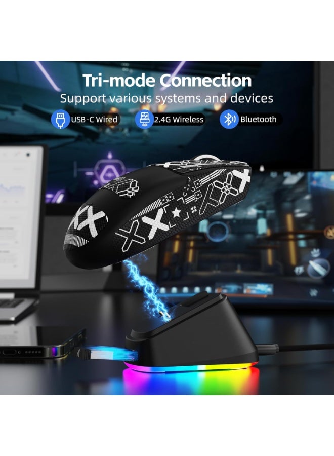 هجوم القرش ماوس ألعاب لاسلكي G3PRO مع قاعدة شحن RGB، 2.4 جيجاهرتز/USB-C سلكي/BT PAW3311 مستشعر بصري، معدل استطلاع 1K قابل للتعديل 25 ألف نقطة في البوصة، بطارية 500 مللي أمبير في الساعة، فأرة خفيفة الوزن للغاية 59 جرام (أسود وشريط لاصق) - Image 5