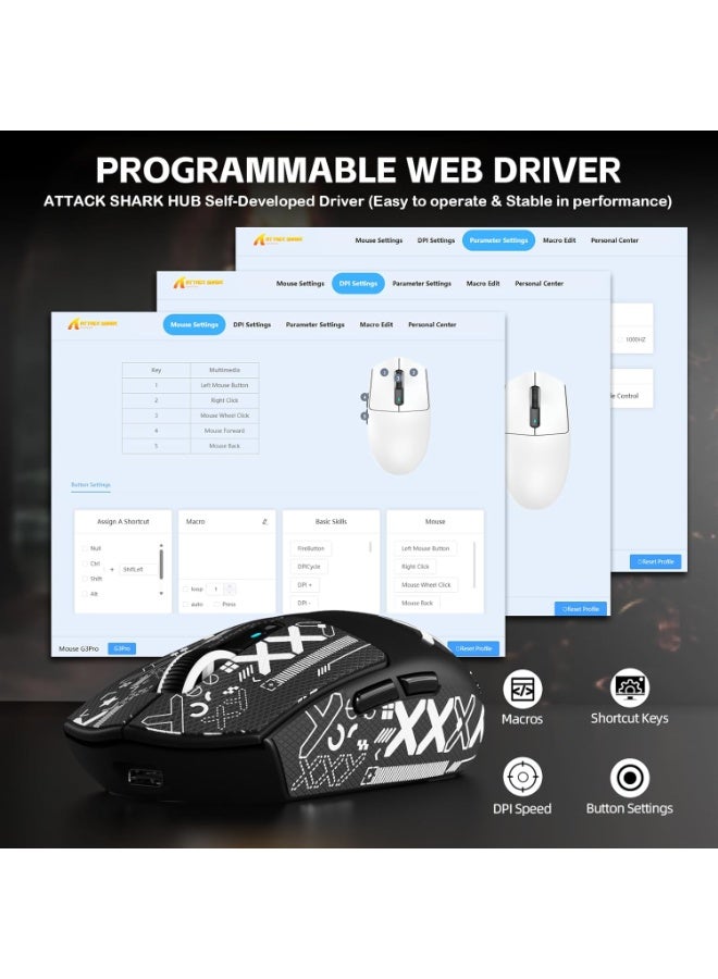 هجوم القرش ماوس ألعاب لاسلكي G3PRO مع قاعدة شحن RGB، 2.4 جيجاهرتز/USB-C سلكي/BT PAW3311 مستشعر بصري، معدل استطلاع 1K قابل للتعديل 25 ألف نقطة في البوصة، بطارية 500 مللي أمبير في الساعة، فأرة خفيفة الوزن للغاية 59 جرام (أسود وشريط لاصق) - Image 4