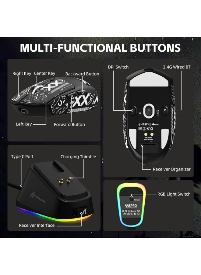 هجوم القرش ماوس ألعاب لاسلكي G3PRO مع قاعدة شحن RGB، 2.4 جيجاهرتز/USB-C سلكي/BT PAW3311 مستشعر بصري، معدل استطلاع 1K قابل للتعديل 25 ألف نقطة في البوصة، بطارية 500 مللي أمبير في الساعة، فأرة خفيفة الوزن للغاية 59 جرام (أسود وشريط لاصق) - Image 2