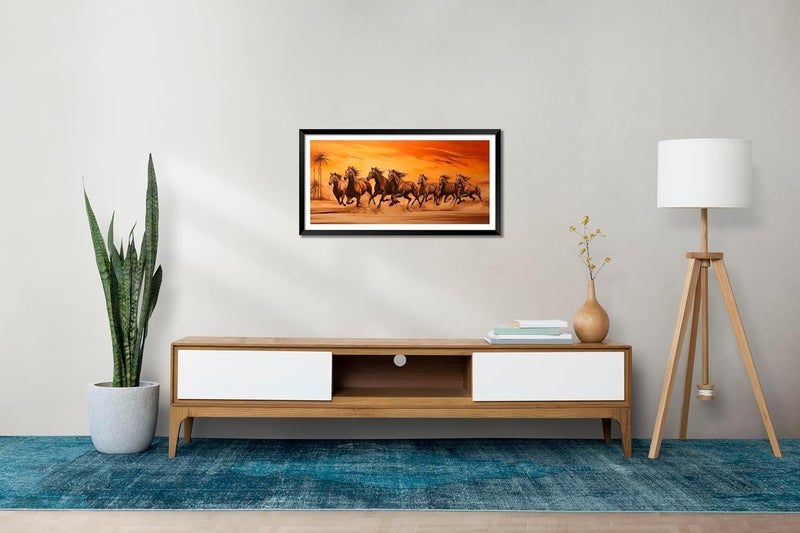 Canvas Pe لوحة فنية تجريدية للخيول البنية الجارية على قماش بي 7 مع إطار مصور محمي باللامينيت لصورة شروق الشمس للديكور في المكاتب والمنازل 14x26 بوصة من الخشب الصناعي - Image 3