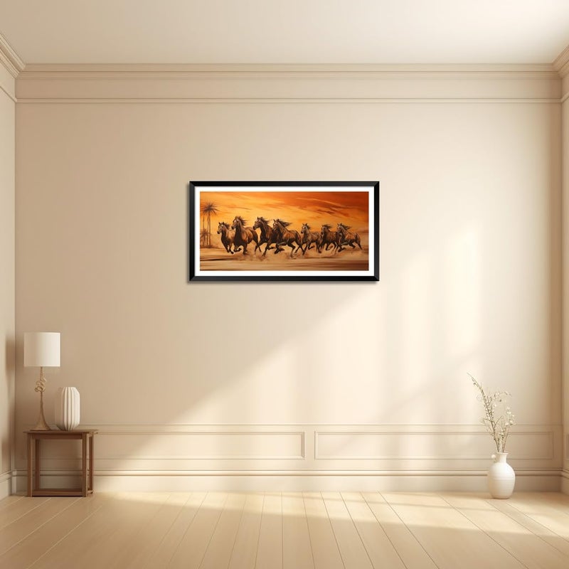 Canvas Pe لوحة فنية تجريدية للخيول البنية الجارية على قماش بي 7 مع إطار مصور محمي باللامينيت لصورة شروق الشمس للديكور في المكاتب والمنازل 14x26 بوصة من الخشب الصناعي - Image 2