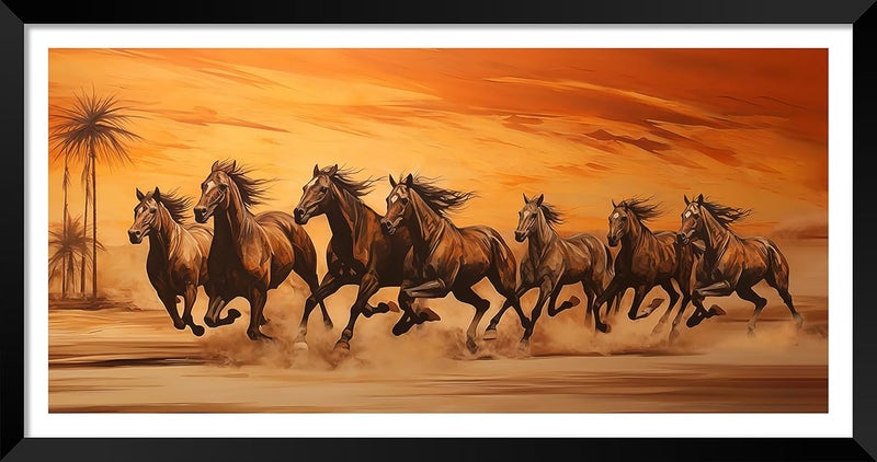 Canvas Pe لوحة فنية تجريدية للخيول البنية الجارية على قماش بي 7 مع إطار مصور محمي باللامينيت لصورة شروق الشمس للديكور في المكاتب والمنازل 14x26 بوصة من الخشب الصناعي - Image 1