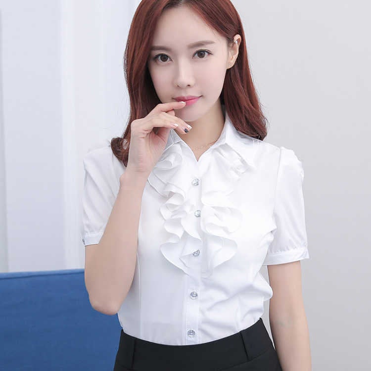 Summer New Korean Style White Short-sleeved Shirt with Lotus Leaf Lace Womens Professional Wear Slim-fit OL plus size Short-sleeved Shirt White 