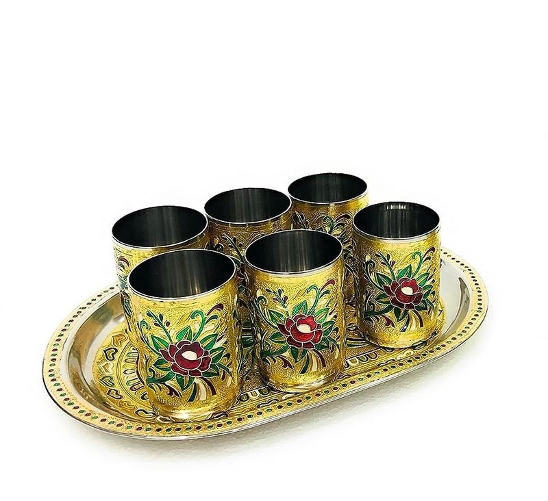 Dhavl Stainless Steel Meenakari Flower Design Drinking Glass with Serving Tray Gift for Home Return Gifts - Image 2