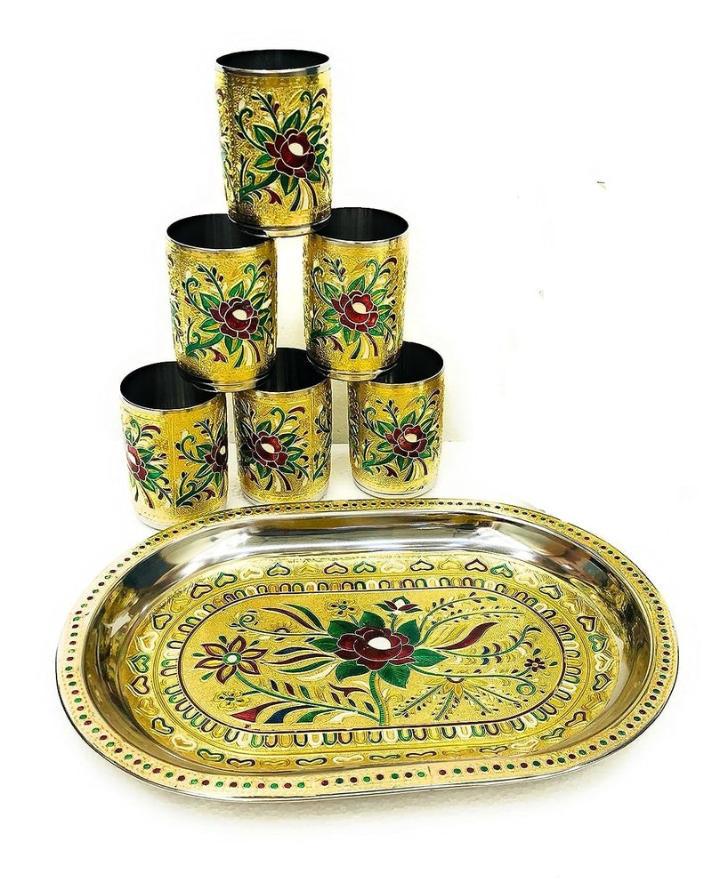 Dhavl Stainless Steel Meenakari Flower Design Drinking Glass with Serving Tray Gift for Home Return Gifts - Image 1