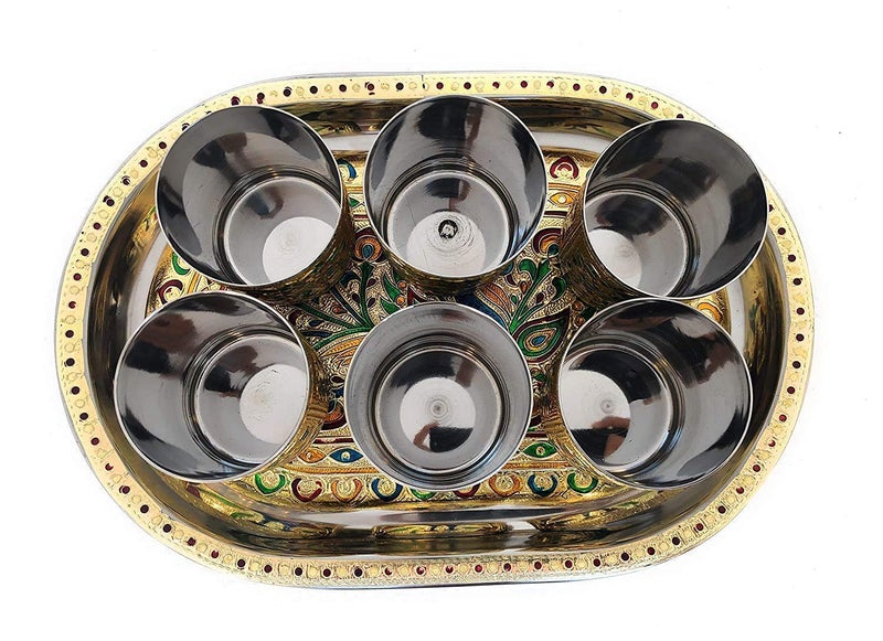 Dhavl Stainless Steel Meenakari Flower Design Drinking Glass with Serving Tray Gift for Home Return Gifts - Image 3