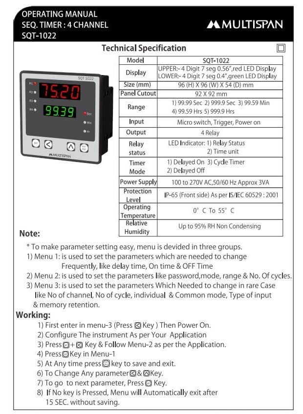 Multispan SQT1022 4 Chanell Programmable Sequential Timer 96x96mm