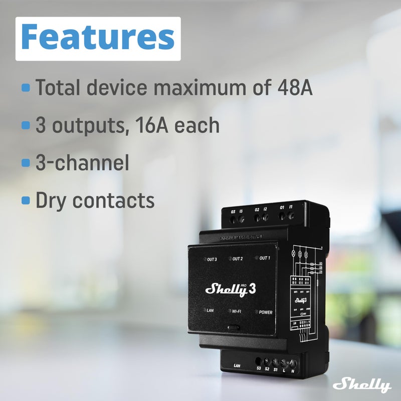 Shelly Pro 3 | Wi-Fi & LAN, 3-Channel Smart Relay | Home & Facility Automation | Compatible with Alexa & Google Home | iOS Android App | Lights Automation | Controller for Motorized Valve - Image 2