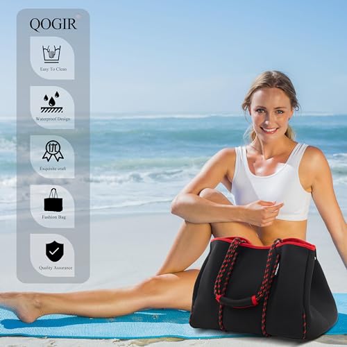 QOGiR Neoprene Multipurpose Beach Bag Tote Bag (BLACK AND RED X-Large) … … - Image 2