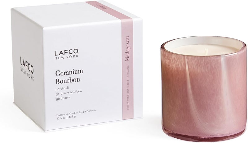LAFCO New York Signature Candle, Geranium Bourbon - 15.5 oz - 90-Hour Burn Time - Reusable, Hand Blown Glass Vessel - Made in The USA