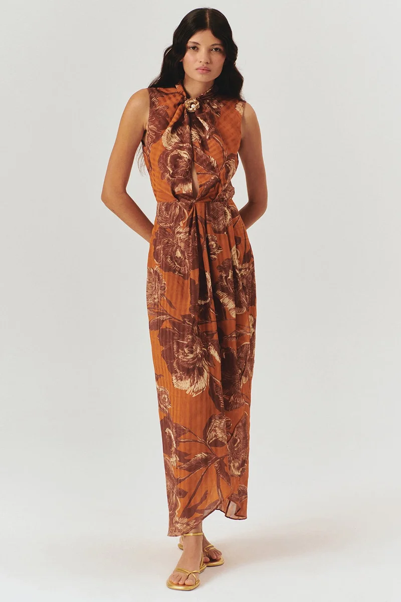EXQUISE Patterned Maxi Dress with Pearl Buckle Detail