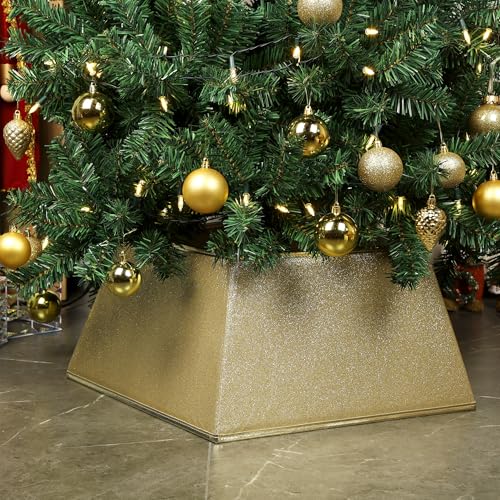 Blissun Fabric Christmas Tree Collar Square Christmas Tree Ring Glittering Willow Christmas Tree Skirt for Christmas Tree Decorations Glitter Gold