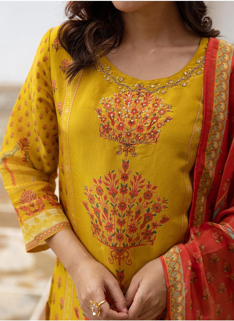 ISHIN Women's Mustard Viscose Blend Printed Tunic Full Length Casual Straight Fit Kurta Set  - Image 3
