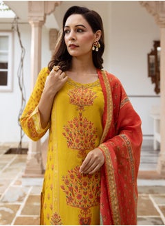 ISHIN Women's Mustard Viscose Blend Printed Tunic Full Length Casual Straight Fit Kurta Set  - Image 1