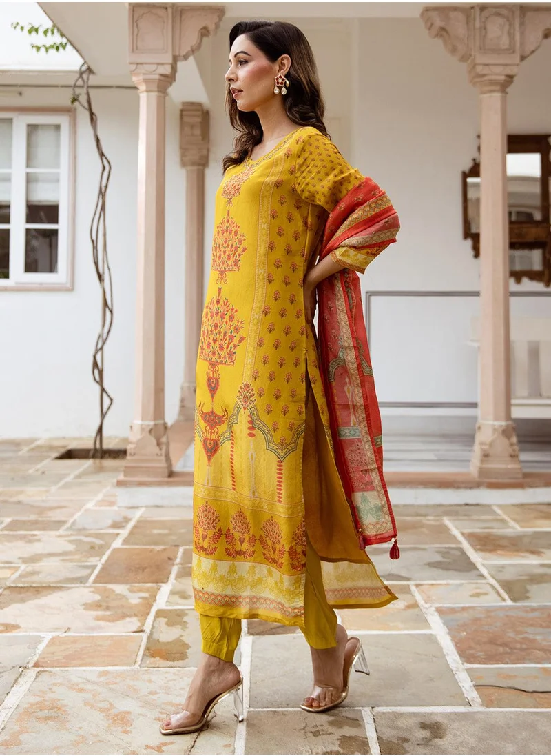 آي شين Women's Mustard Viscose Blend Printed Tunic Full Length Casual Straight Fit Kurta Set