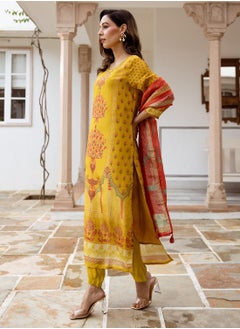 ISHIN Women's Mustard Viscose Blend Printed Tunic Full Length Casual Straight Fit Kurta Set  - Image 2