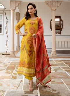 ISHIN Women's Mustard Viscose Blend Printed Tunic Full Length Casual Straight Fit Kurta Set  - Image 5