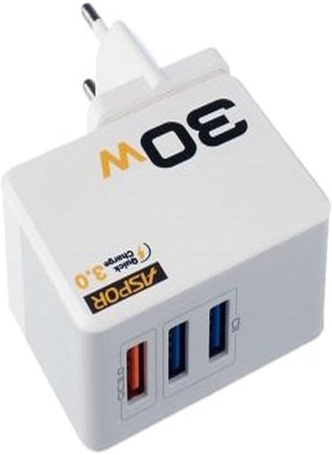 Aspor ASPOR A858 Fast Charger QC 3.0 + IQ Output EU PIN + IPHONE Cable,3 USB - White 