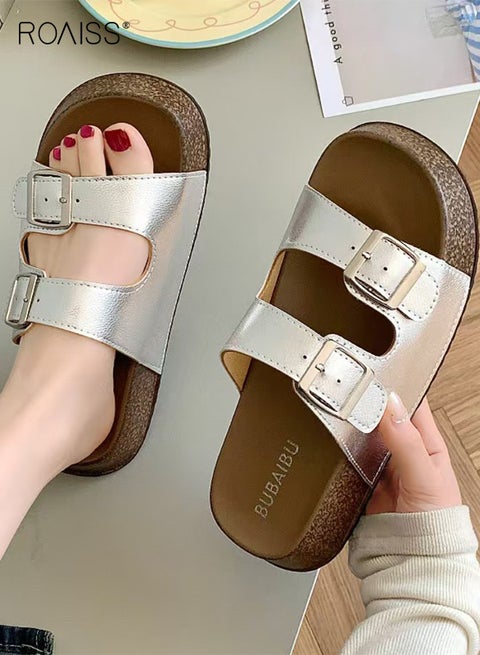 Women's Birkenstock Shoes Thickened Slippers Summer New Double Strap Buckle Sandals Seaside Beach Slides with Comfortable Footbed for Indoor and Outdoor Wear
