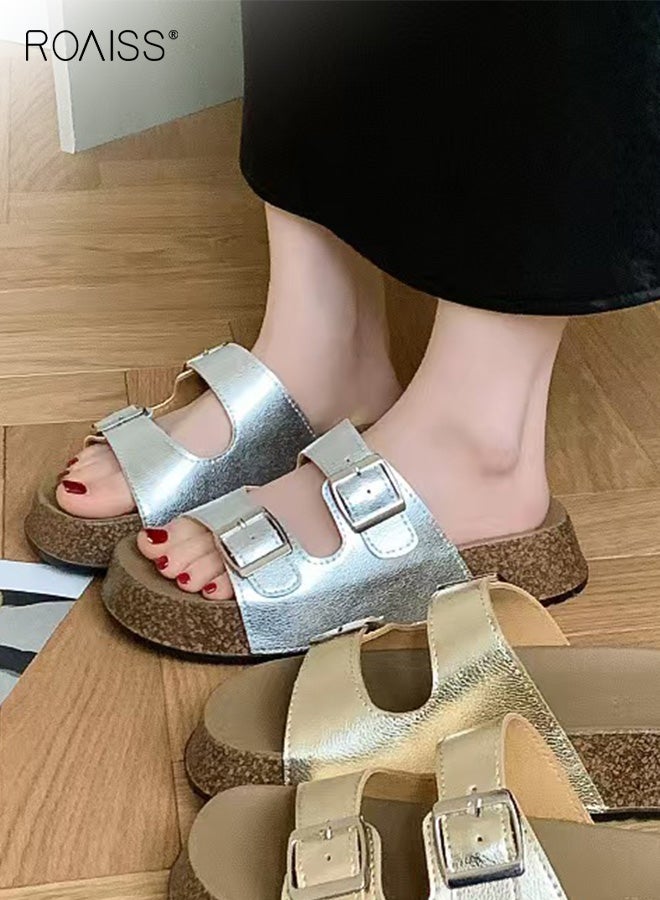 roaiss Women's Birkenstock Shoes Thickened Slippers Summer New Double Strap Buckle Sandals Seaside Beach Slides with Comfortable Footbed for Indoor and Outdoor Wear - Image 2