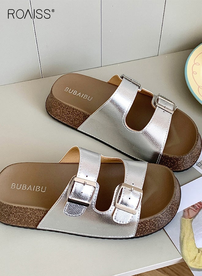 roaiss Women's Birkenstock Shoes Thickened Slippers Summer New Double Strap Buckle Sandals Seaside Beach Slides with Comfortable Footbed for Indoor and Outdoor Wear - Image 4