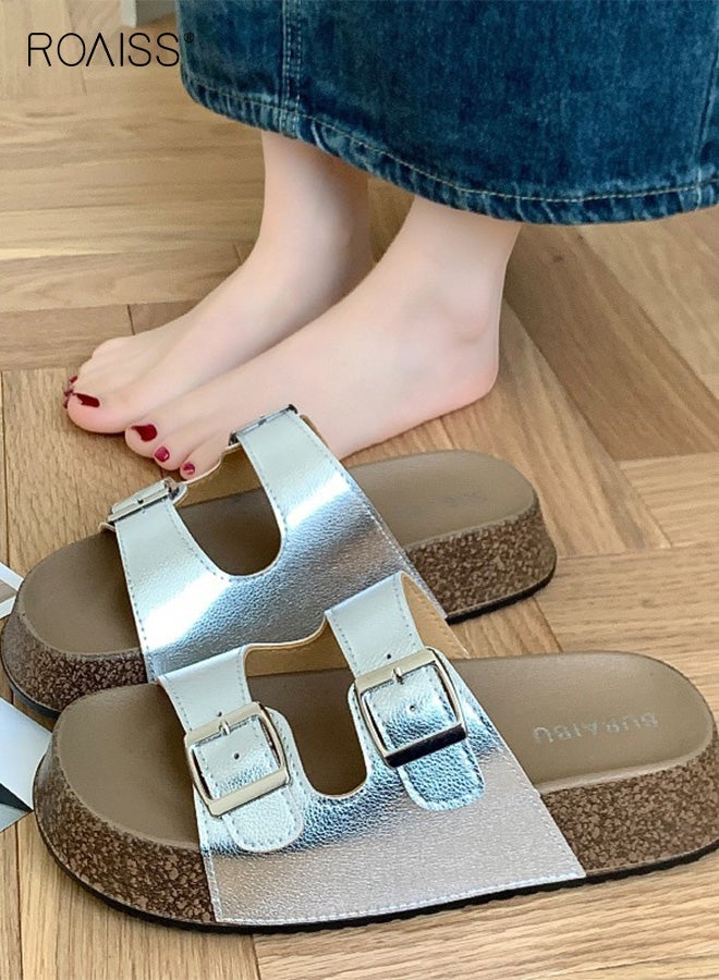 roaiss Women's Birkenstock Shoes Thickened Slippers Summer New Double Strap Buckle Sandals Seaside Beach Slides with Comfortable Footbed for Indoor and Outdoor Wear - Image 5