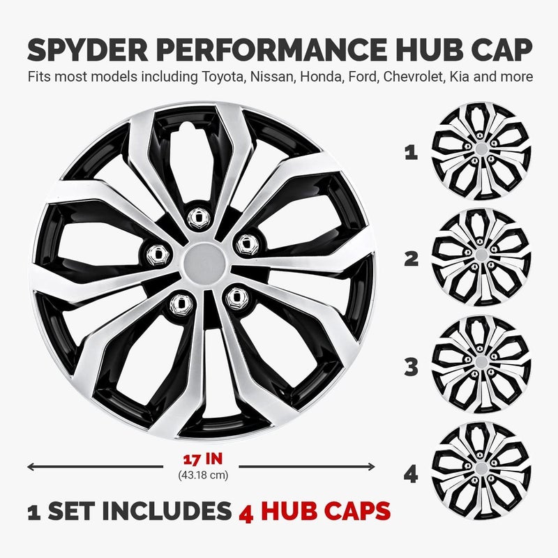 Pilot Automotive 17 Inch Spyder Black & Silver Hubcap Set - Image 3
