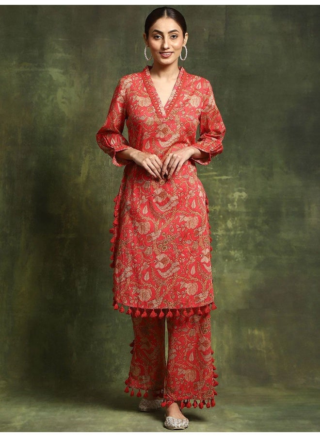 AKS Floral Printed V-Neck Regular Pure Cotton Kurta With Palazzos  - Image 1