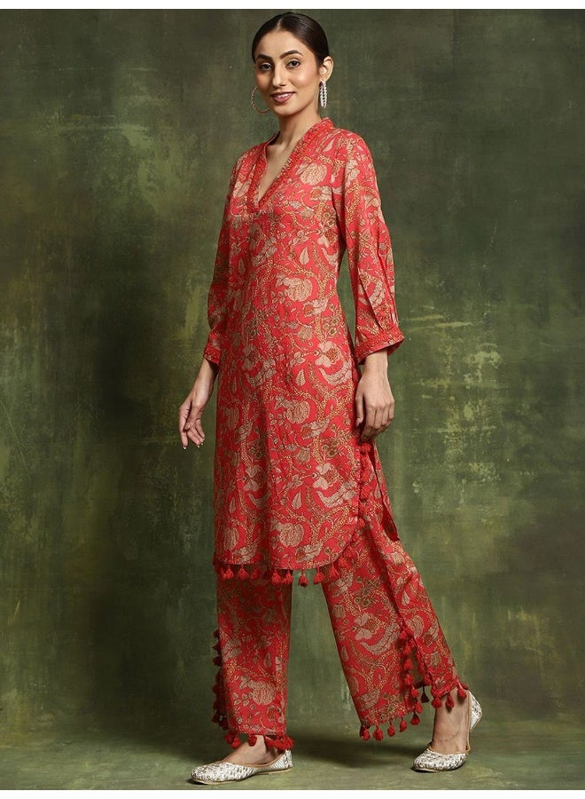AKS Floral Printed V-Neck Regular Pure Cotton Kurta With Palazzos  - Image 4