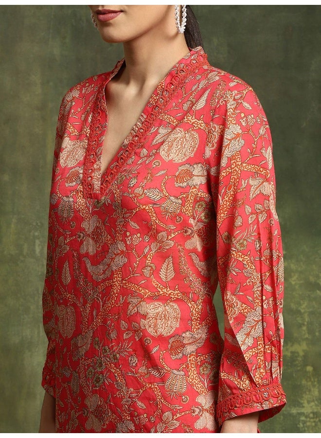 AKS Floral Printed V-Neck Regular Pure Cotton Kurta With Palazzos  - Image 2